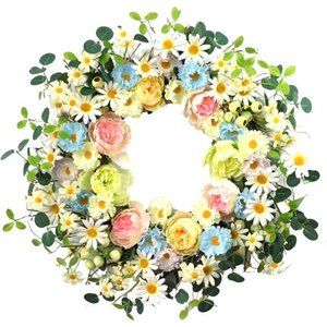 24” Artificial Flower Wreath,Daisy and Rose Wreath Colorful Spring/Summer Floral